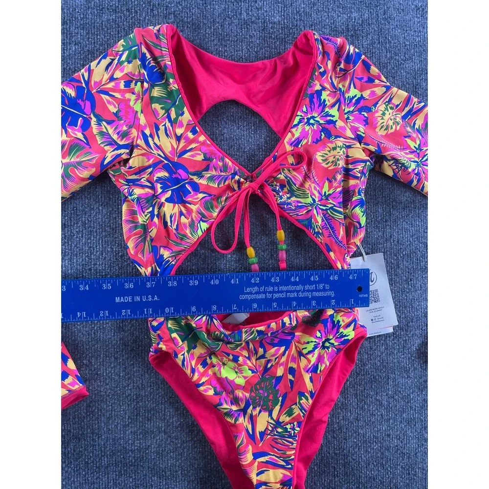Maaji Reversible Long Sleeve One Piece Swimsuit Tropical Floral Cutout Small